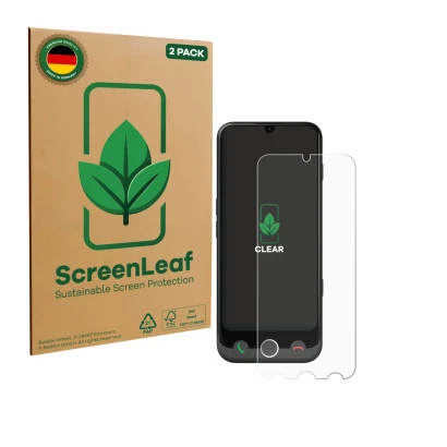 Vorderseite einer Produktverpackung mit dem Markenlogo ScreenLeaf. Daneben ist das Gerät Doro Aurora A30 mit dem zugehörigen D
