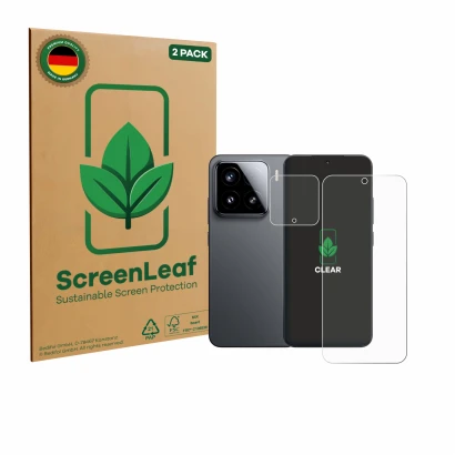 Vorderseite einer Produktverpackung mit dem Markenlogo ScreenLeaf. Daneben ist das Gerät Xiaomi 15 (Display+Kamera) mit dem zu