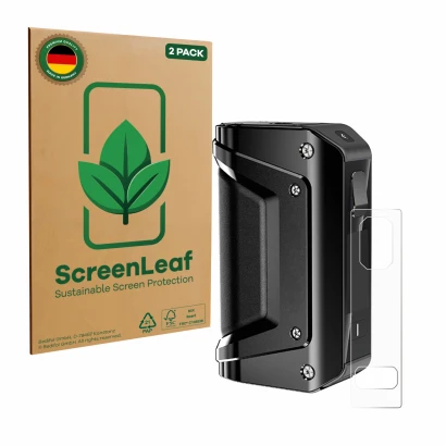 Vorderseite einer Produktverpackung mit dem Markenlogo ScreenLeaf. Daneben ist das Gerät GeekVape Aegis Legend 3 mit dem zugeh