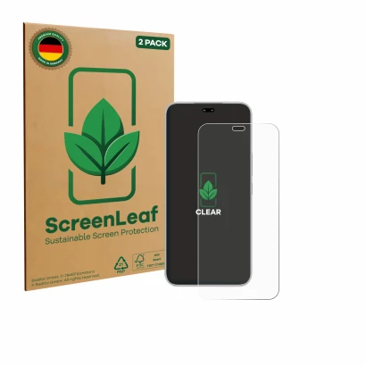 Vorderseite einer Produktverpackung mit dem Markenlogo ScreenLeaf. Daneben ist das Gerät Honor 400 Pro mit dem zugehörigen Dis