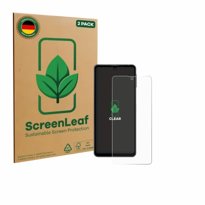 Vorderseite einer Produktverpackung mit dem Markenlogo ScreenLeaf. Daneben ist das Gerät Sharp Aquos Sense 8 mit dem zugehörig