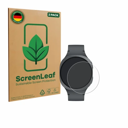 Vorderseite einer Produktverpackung mit dem Markenlogo ScreenLeaf. Daneben ist das Gerät Samsung Galaxy Watch 8 (40 mm) mit de