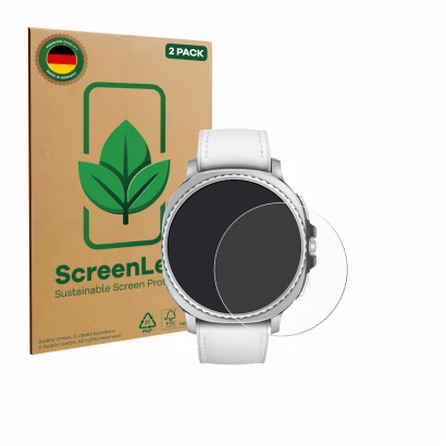 Vorderseite einer Produktverpackung mit dem Markenlogo ScreenLeaf. Daneben ist das Gerät Samsung Galaxy Watch 8 Classic (46 mm