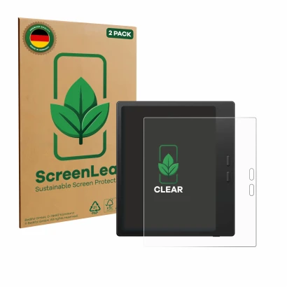 Vorderseite einer Produktverpackung mit dem Markenlogo ScreenLeaf. Daneben ist das Gerät Boox Go Color 7 Gen II mit dem zugehö