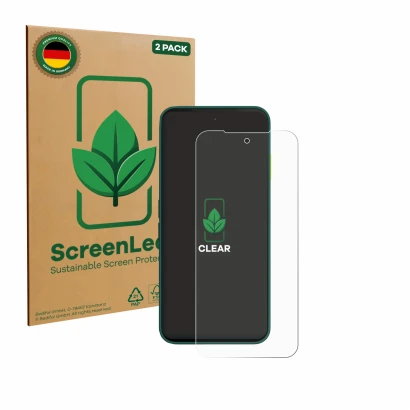 Vorderseite einer Produktverpackung mit dem Markenlogo ScreenLeaf. Daneben ist das Gerät Fairphone 6 mit dem zugehörigen Displ