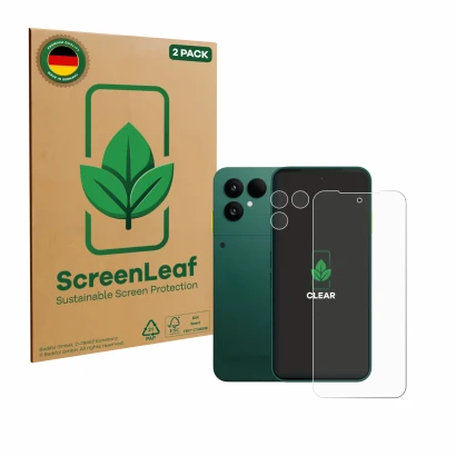 Vorderseite einer Produktverpackung mit dem Markenlogo ScreenLeaf. Daneben ist das Gerät Fairphone 6 (Display+Kamera) mit dem 