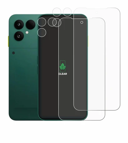 Abbildung des Geräts Fairphone 6 (Display+Kamera) mit einer Vielzahl des Displayschutzes.