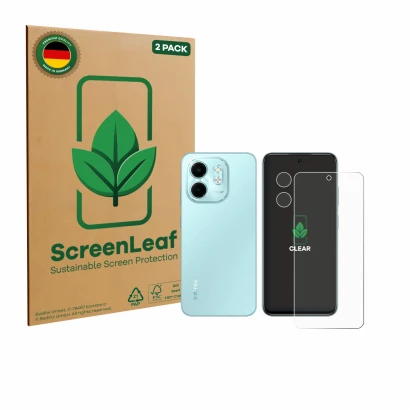 Vorderseite einer Produktverpackung mit dem Markenlogo ScreenLeaf. Daneben ist das Gerät Infinix Smart 9 (Display+Kamera) mit 