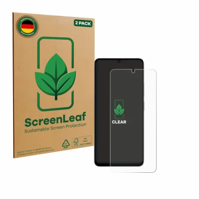Vorderseite einer Produktverpackung mit dem Markenlogo ScreenLeaf. Daneben ist das Gerät Doogee Note 59 Pro Plus mit dem zugeh