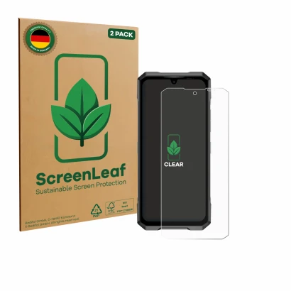 Vorderseite einer Produktverpackung mit dem Markenlogo ScreenLeaf. Daneben ist das Gerät Doogee Blade GT Pro mit dem zugehörig