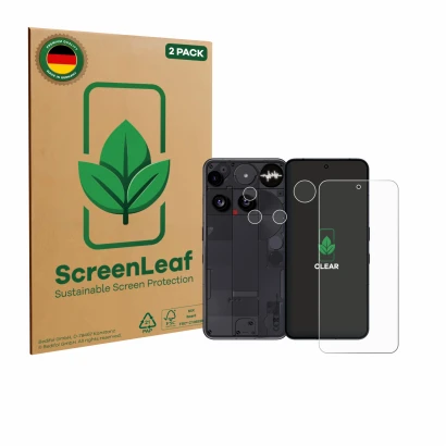 Vorderseite einer Produktverpackung mit dem Markenlogo ScreenLeaf. Daneben ist das Gerät Nothing Phone (3) (Display+Kamera) mi