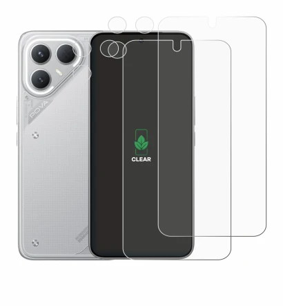 Abbildung des Geräts Tecno Pova 7 Pro (Display+Kamera) mit einer Vielzahl des Displayschutzes.