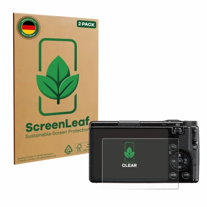 Vorderseite einer Produktverpackung mit dem Markenlogo ScreenLeaf. Daneben ist das Gerät Ricoh GR IV 2025 mit dem zugehörigen 