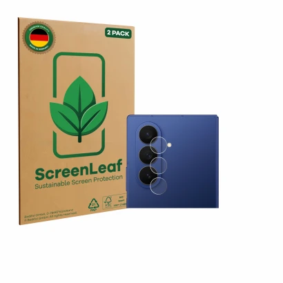 Vorderseite einer Produktverpackung mit dem Markenlogo ScreenLeaf. Daneben ist das Gerät Samsung Galaxy Z Fold 7 (NUR Kamerasc