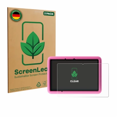 Vorderseite einer Produktverpackung mit dem Markenlogo ScreenLeaf. Daneben ist das Gerät Blackview Tab A6 Kids mit dem zugehör