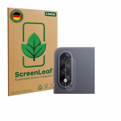 Vorderseite einer Produktverpackung mit dem Markenlogo ScreenLeaf. Daneben ist das Gerät OnePlus Nord 5 (NUR Kameraschutz) mit