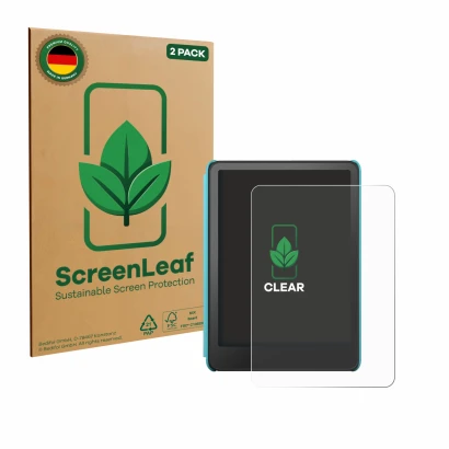 Vorderseite einer Produktverpackung mit dem Markenlogo ScreenLeaf. Daneben ist das Gerät Amazon Kindle Colorsoft Kids mit dem 