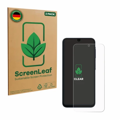 Vorderseite einer Produktverpackung mit dem Markenlogo ScreenLeaf. Daneben ist das Gerät Samsung Galaxy A17 5G mit dem zugehör