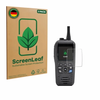 Vorderseite einer Produktverpackung mit dem Markenlogo ScreenLeaf. Daneben ist das Gerät Icom IC-M94D mit dem zugehörigen Disp