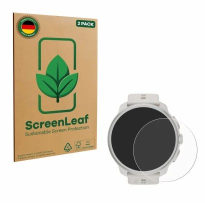 Vorderseite einer Produktverpackung mit dem Markenlogo ScreenLeaf. Daneben ist das Gerät Suunto Race 2 mit dem zugehörigen Dis