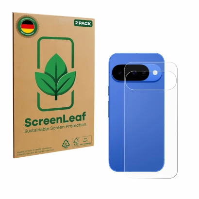 Vorderseite einer Produktverpackung mit dem Markenlogo ScreenLeaf. Daneben ist das Gerät Google Pixel 10 (Rückseite) mit dem z