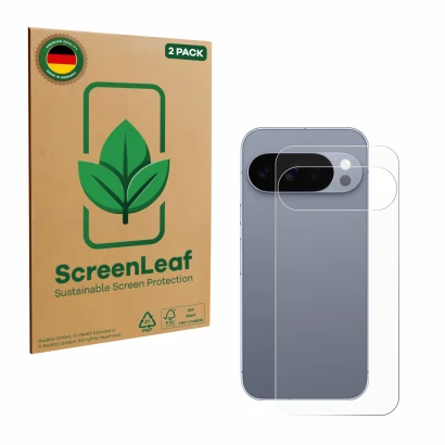 Vorderseite einer Produktverpackung mit dem Markenlogo ScreenLeaf. Daneben ist das Gerät Google Pixel 10 Pro (Rückseite) mit d