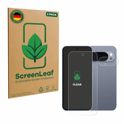 Vorderseite einer Produktverpackung mit dem Markenlogo ScreenLeaf. Daneben ist das Gerät Google Pixel 10 Pro (Display+Kamera) 
