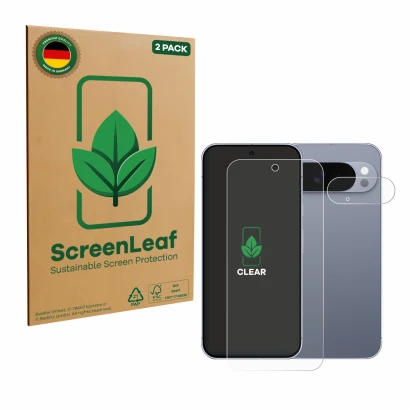 Vorderseite einer Produktverpackung mit dem Markenlogo ScreenLeaf. Daneben ist das Gerät Google Pixel 10 Pro XL (Display+Kamer