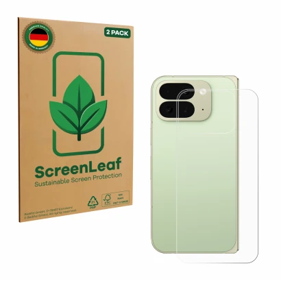 Vorderseite einer Produktverpackung mit dem Markenlogo ScreenLeaf. Daneben ist das Gerät Google Pixel 10 Pro Fold (Rückseite) 