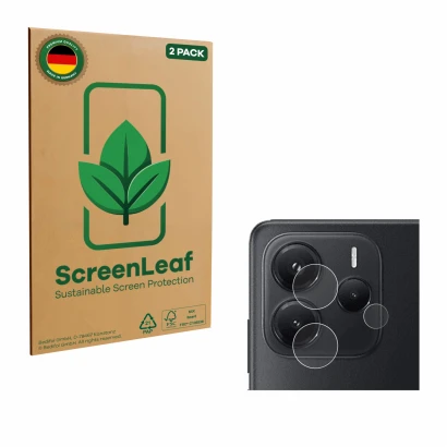 Vorderseite einer Produktverpackung mit dem Markenlogo ScreenLeaf. Daneben ist das Gerät Xiaomi Redmi Note 14 4G (NUR Kamerasc