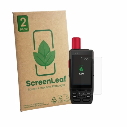 Vorderseite einer Produktverpackung mit dem Markenlogo ScreenLeaf. Daneben ist das Gerät Garmin GPSMAP H1i Plus mit dem zugehö