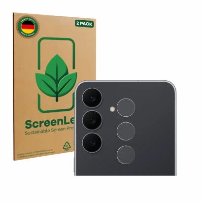 Vorderseite einer Produktverpackung mit dem Markenlogo ScreenLeaf. Daneben ist das Gerät Samsung Galaxy S25 FE (NUR Kameraschu