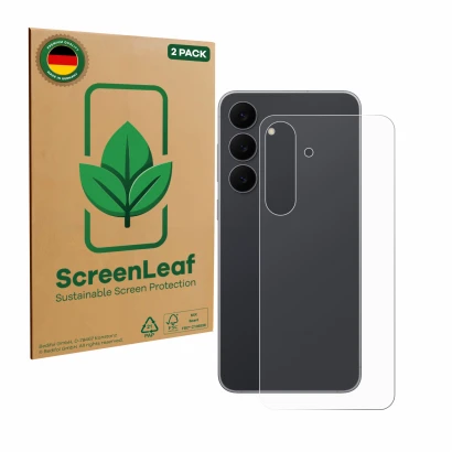 Vorderseite einer Produktverpackung mit dem Markenlogo ScreenLeaf. Daneben ist das Gerät Samsung Galaxy S25 FE (Rückseite) mit