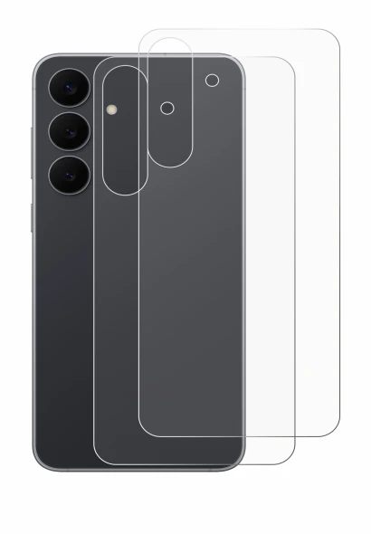 Abbildung des Geräts Samsung Galaxy S25 FE (Rückseite) mit einer Vielzahl des Displayschutzes.