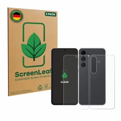 Vorderseite einer Produktverpackung mit dem Markenlogo ScreenLeaf. Daneben ist das Gerät Samsung Galaxy S25 FE (Display+Rückse