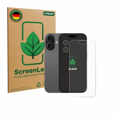 Vorderseite einer Produktverpackung mit dem Markenlogo ScreenLeaf. Daneben ist das Gerät Apple iPhone 17 (Display+Kamera) mit 