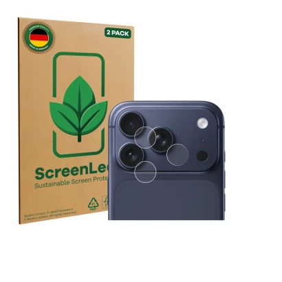 Vorderseite einer Produktverpackung mit dem Markenlogo ScreenLeaf. Daneben ist das Gerät Apple iPhone 17 Pro (NUR Kameraschutz