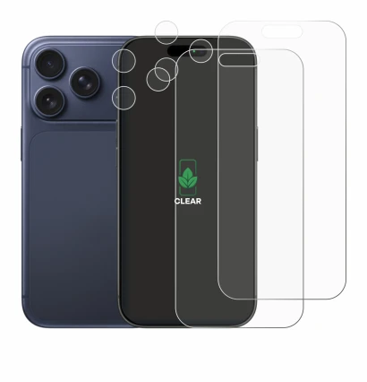 Abbildung des Geräts Apple iPhone 17 Pro (Display+Kamera) mit einer Vielzahl des Displayschutzes.