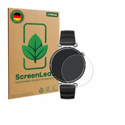 Vorderseite einer Produktverpackung mit dem Markenlogo ScreenLeaf. Daneben ist das Gerät Huawei Watch GT 6 (41 mm) mit dem zug