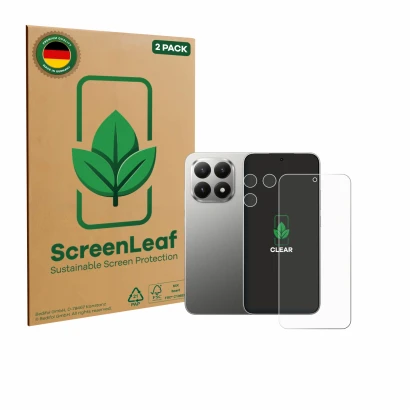 Vorderseite einer Produktverpackung mit dem Markenlogo ScreenLeaf. Daneben ist das Gerät Xiaomi 15T (Display+Kamera) mit dem z