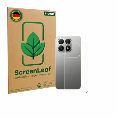 Vorderseite einer Produktverpackung mit dem Markenlogo ScreenLeaf. Daneben ist das Gerät Xiaomi 15T (Rückseite) mit dem zugehö