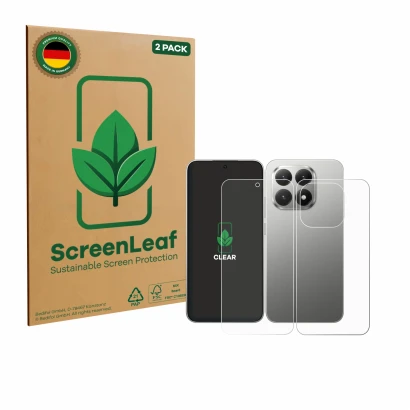Vorderseite einer Produktverpackung mit dem Markenlogo ScreenLeaf. Daneben ist das Gerät Xiaomi 15T (Display+Rückseite) mit de