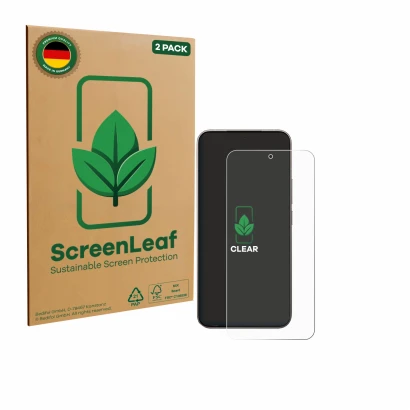 Vorderseite einer Produktverpackung mit dem Markenlogo ScreenLeaf. Daneben ist das Gerät Xiaomi 15T Pro mit dem zugehörigen Di