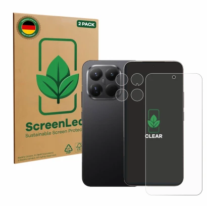 Vorderseite einer Produktverpackung mit dem Markenlogo ScreenLeaf. Daneben ist das Gerät Xiaomi 15T Pro (Display+Kamera) mit d