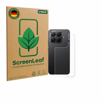 Vorderseite einer Produktverpackung mit dem Markenlogo ScreenLeaf. Daneben ist das Gerät Xiaomi 15T Pro (Rückseite) mit dem zu
