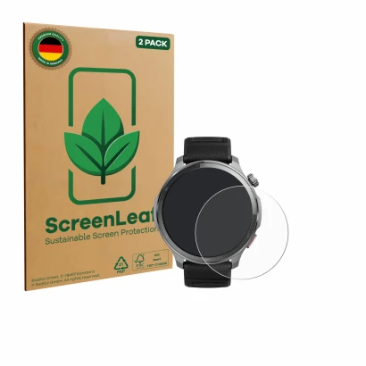 Vorderseite einer Produktverpackung mit dem Markenlogo ScreenLeaf. Daneben ist das Gerät Huami Amazfit Balance 2 XT mit dem zu