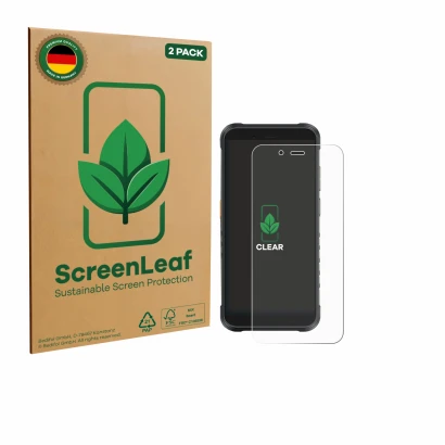 Vorderseite einer Produktverpackung mit dem Markenlogo ScreenLeaf. Daneben ist das Gerät Ulefone RugKing mit dem zugehörigen D