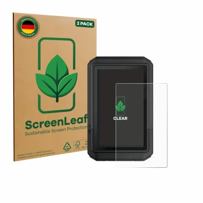 Vorderseite einer Produktverpackung mit dem Markenlogo ScreenLeaf. Daneben ist das Gerät Garmin eTrex Touch 2025 mit dem zugeh