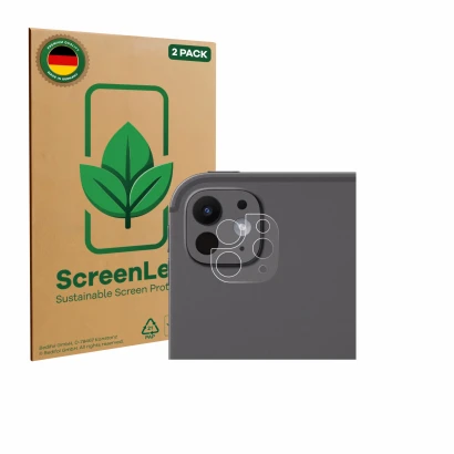 Vorderseite einer Produktverpackung mit dem Markenlogo ScreenLeaf. Daneben ist das Gerät Apple iPad Pro 11" 2025 (NUR Kamerasc