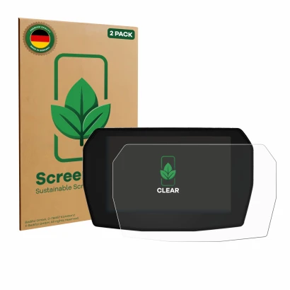 Vorderseite einer Produktverpackung mit dem Markenlogo ScreenLeaf. Daneben ist das Gerät Ducati Multistrada V2 2025 mit dem zu